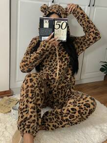 CovetEZ Women's New Plush Leopard Print Hooded Fashion Loose Jumpsuit - Brown - View 3