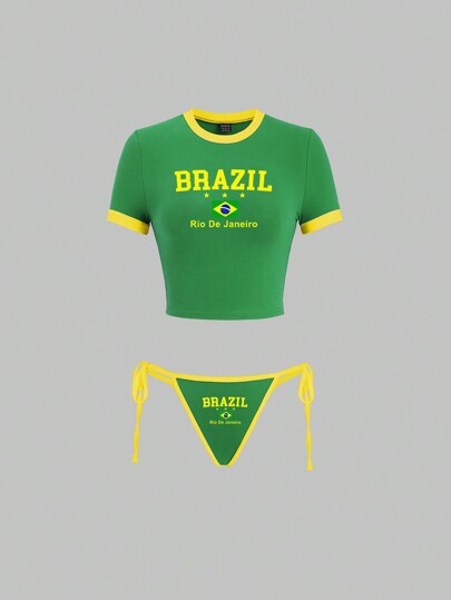 EgrlEra 2pcs/Set Contrast Trim Round Neck Short Sleeve Brazil Letter Print Top And Tie-Up Bottom Outfit