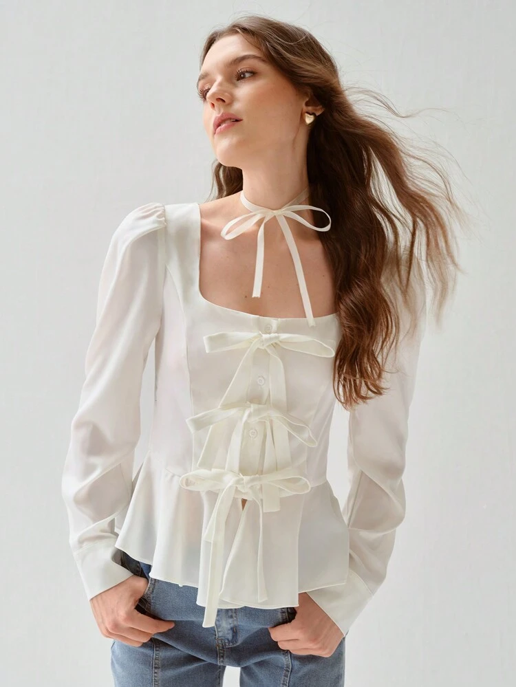 レディース 正方形ネック ツイスト ラッフル裾 エレガント 長袖ブラウス
