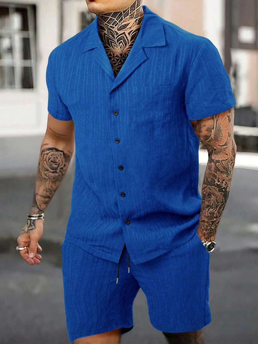 OTTIMOZO 2pcs Men's Solid Color Lapel Neck Short Sleeve Shirt And Shorts Casual Summer Outfits, Men's Royal Blue Outfit, Men's Two Piece Casual Short Set, 2 Piece Set Men - Blue - View 1