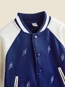 SHEIN Young Boys' Lightning Embroidery Inset-Sleeve Blue Sports Casual Outdoor Athletic Baseball Jacket, Suitable For Autumn/Winter - Blue - View 7