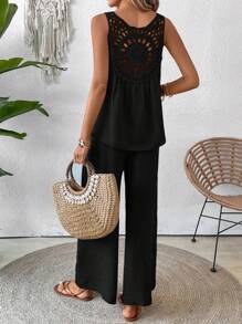 Breezaya Vacation Casual Solid Color Cami & Wide Leg Pants 2pcs Set - Black - View 2