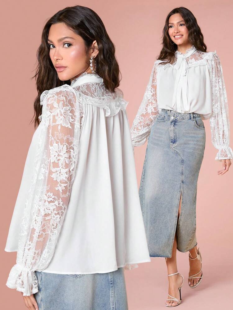 Women's Casual Solid Color Lace Splicing Ruffled Sleeve Blouse, Spring/Summer