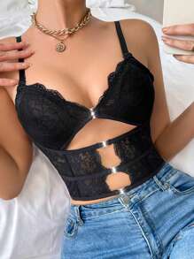 1 pièce Brassière sans armature en dentelle et épissure pour femme, corset romantique minimaliste, lingerie