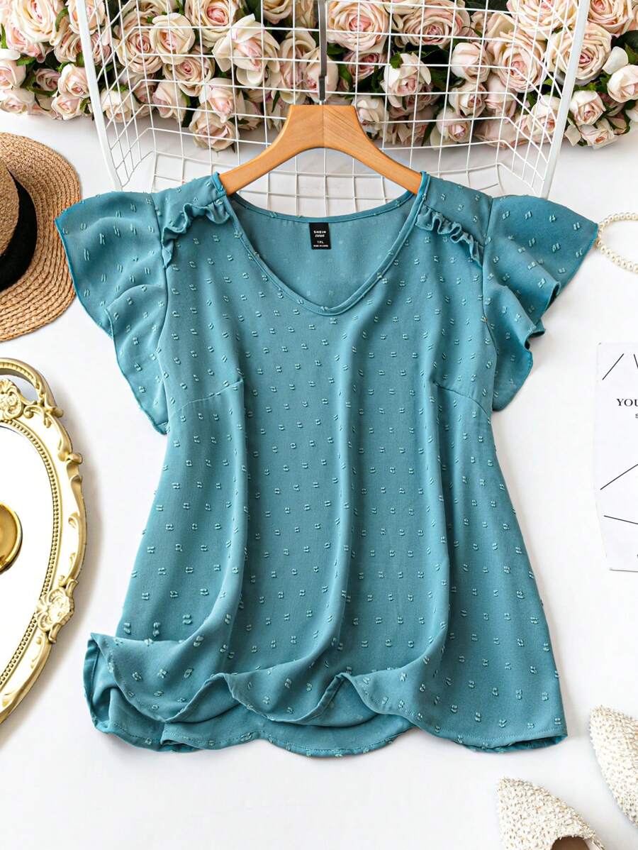 SHEIN LUNE Plus Size Women's Summer Solid Color V-Neck Frill Trim Short Cap Sleeve Elegant Blouse - Mint Blue - View 1