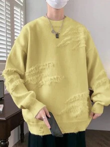 Manfinity EMRG Men's Casual Solid Color Frayed Edge Drop Shoulder Sweater, Fall/Winter - Yellow - View 1