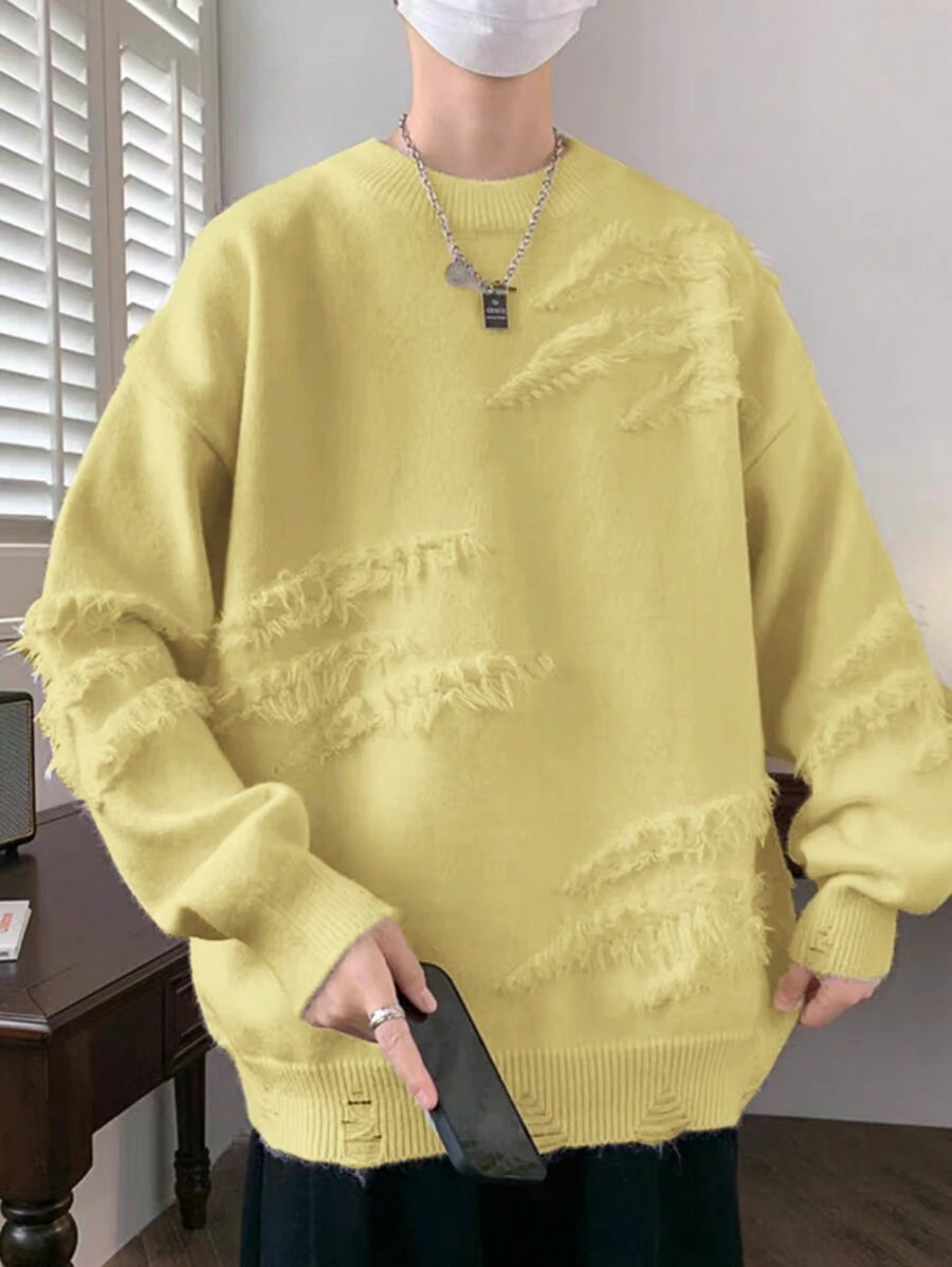 Manfinity EMRG Men's Casual Solid Color Frayed Edge Drop Shoulder Sweater, Fall/Winter - Yellow - View 1