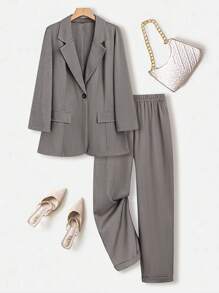 Calvaya Traje informal de chaqueta y pantalones de unicolor para primavera y otoño de talla grande