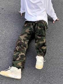 Claim Dot 男裝迷彩印花蓋口口袋工裝褲，寬鬆長款多彩迷彩綠色，適合外出穿著 - 彩色 - 查看 4