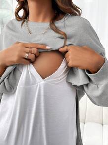 SHEIN 2 Pcs Maternity Casual Contrast Color Patchwork Long Sleeve Sweatshirt, And Pants Set - Light Grey - View 3