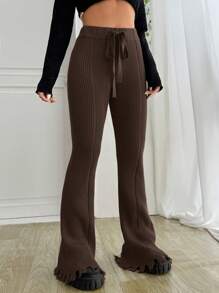 Muchica Women Solid Color Belted Flared Casual Knit Top And Pants Set In Fall/Winter - Chocolate Brown - View 1