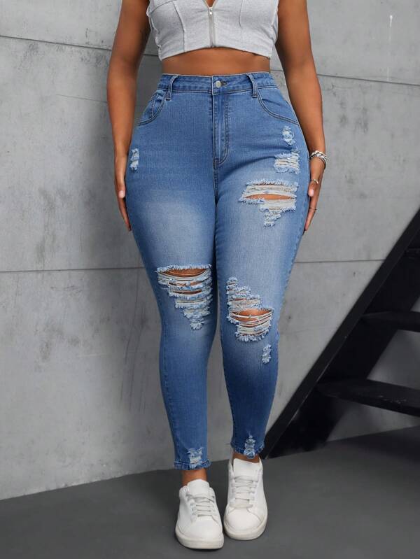 SHEIN SXY Stretch Jeans in großen Größen, modisch, sexy, zerrissen