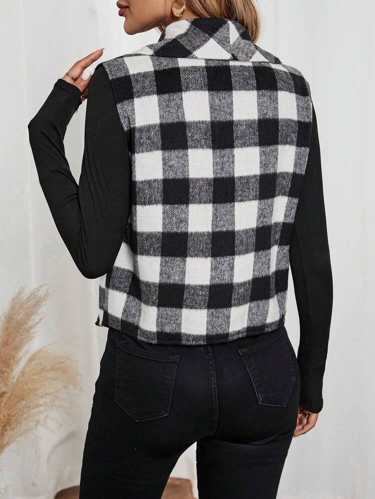 Women's Plaid Lapel Sleeveless Casual Woolen Jacket For Autumn And Winter
