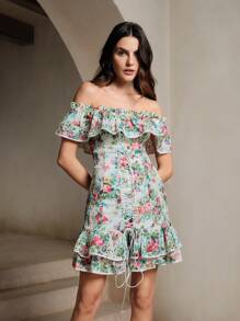 Anewsta Gaun Bermotif Ruffle dengan Hem Ruffle - MultiWarna - View 6