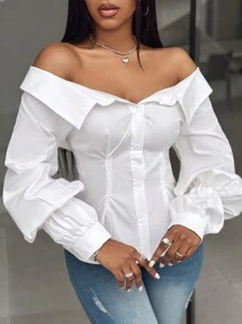 SHEIN 女士纯色简约日常长袖露肩衬衫 - 白色 - 查看 3
