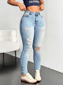 SHEIN EZwear Women's Casual Distressed Slim-Fit Denim Jeans