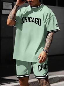 Manfinity Homme Men's Plus Size Summer Letter Printed Round Neck Casual Short Sleeve T-Shirt And Drawstring Waist Shorts Set - Green - View 5