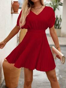 SHEIN Clasi 女式纯色蝙蝠袖褶边休闲度假连衣裙新年衣服