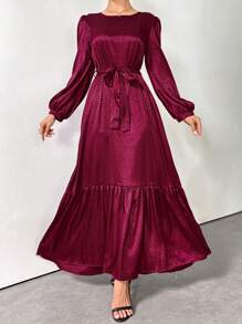 Al Najma Burgundy Red Women's Elegant Arabian Dress With Crew Neck, Lantern Sleeves And Ruffle Hem Modest Long Sleeve Elegant Style For Casual Daily/Work/Holiday/Evening Parties/Wedding Guest Arabian Dress - Burgundy - View 1