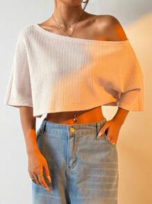 SHEIN EZwear Camiseta holgada de mujer con mangas de murciélago, cuello asimétrico, recortada y de costillas, informal