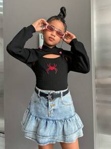 SHEIN 2pcs/Set Tween Girls Spider Embroidery Tank Top And Hoodie Set For Halloween - Black - View 4
