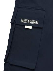 Manfinity Homme Men's Loose Letter Graphic Flap Pocket Drawstring Waist Cargo Pants - Navy Blue - View 4