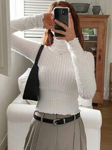 DAZY Women's Elegant High Neck Long Sleeve Fitted T-Shirt, Simple Tee