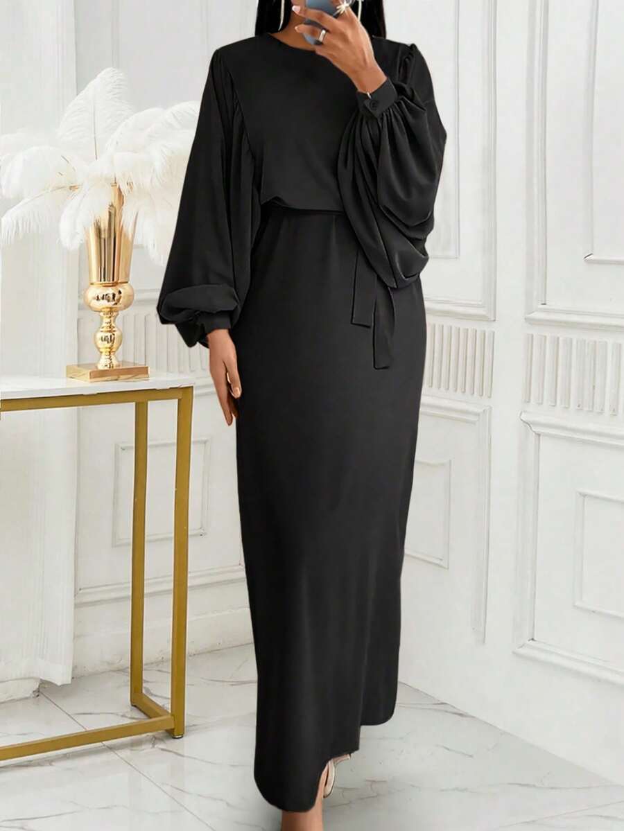 Women's Round Neck Solid Color Lantern Sleeve Waist Gathered Arabic Style Dress, Modest - Black - View 1