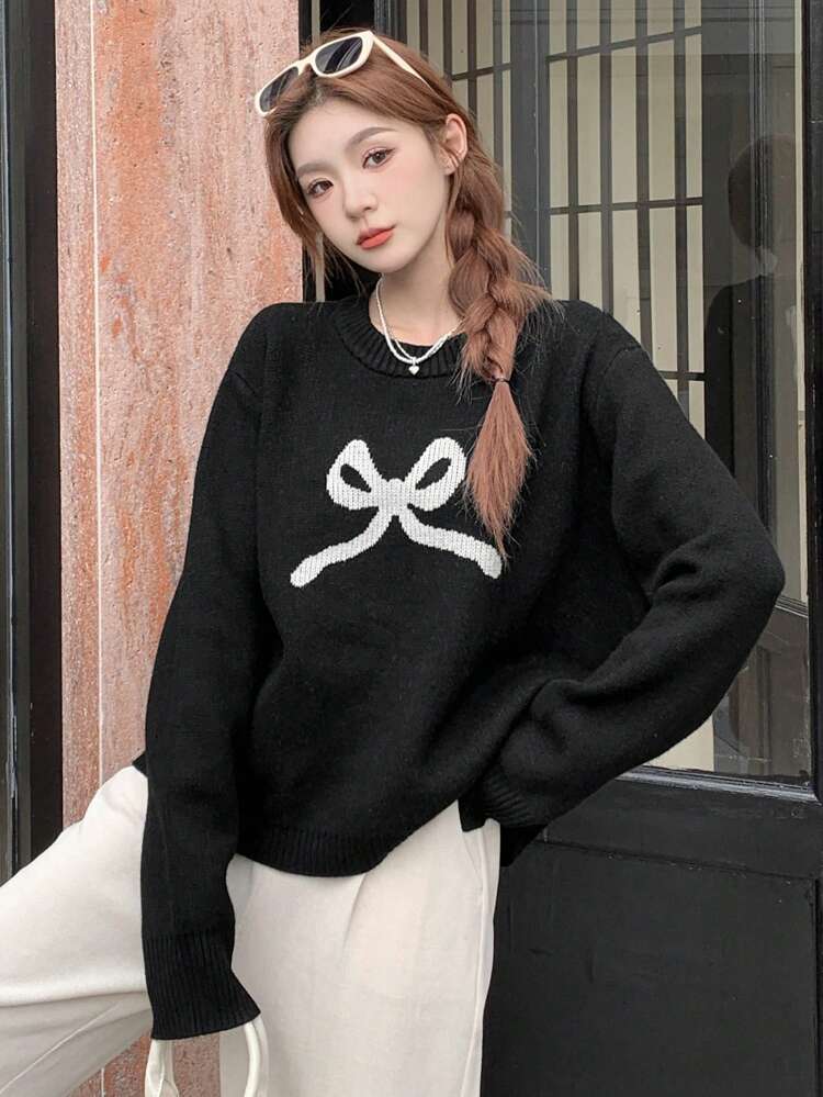 Crew Neck Long Sleeve Bowknot Pattern Sweater For Casual Daily Wear,Fall Clothes