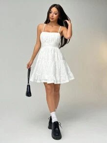 SHEIN EZwear Women's Summer Casual Solid Color Hollow Out Embroidered Spaghetti Strap Mini Dress