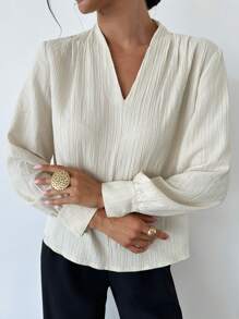 Firerie 褶皱灯笼袖工作衬衫白色衬衫，长袖上衣 - 杏色 - 查看 6