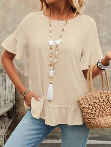 EMERY ROSE Camisa casual holgada para mujer de verano con cuello redondo, dobladillo con volantes y unicolor - Albaricoque - Ver 5
