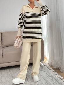 EURMUSE 女士条纹图案拉链细节领口落肩套头衫和毛衣裤套装