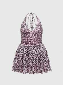 ROMWE J-Fashion 大码露背豹纹分层迷你连衣裙 - 粉色 - 查看 1