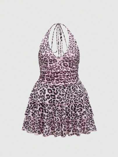 J-Fashion Plus Size Halter Backless Leopard Print Layered Mini Dress