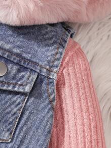 SHEIN Baby Girls' Plush Hooded Jacket & Ribbed Long Sleeve Casual Dress 2pcs Outfit, Autumn/Winter