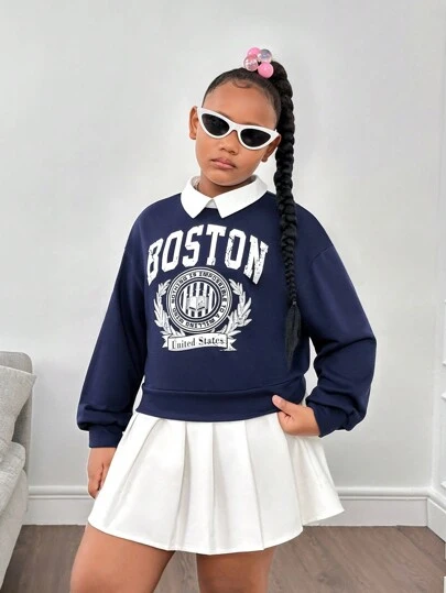 SHEIN Tween Girls Extended Size Loose Casual Simple Comfortable Colorblock Collared Long Sleeve Sweatshirt