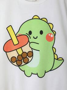 SHEIN Leap Crew Tween Girl Cartoon Graphic Tee & Plaid Trousers - Multicolor - View 4