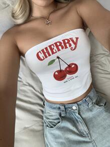 SHEIN EZwear 女士可愛性感櫻桃印花貼身背心上衣，夏日完美穿搭 - 白色 - 查看 3