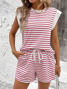 SHEIN LUNE 2 件套休闲条纹圆领 T 恤和前系带短裤 - 酒紅色 - 查看 4