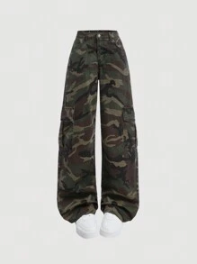 SHEIN 少女休闲迷彩图案工装牛仔裤（水洗） - 軍綠色 - 查看 5