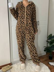 CovetEZ Women's New Plush Leopard Print Hooded Fashion Loose Jumpsuit - Brown - View 6
