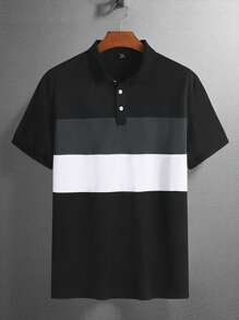 Manfinity Homme 大尺碼男士夏季條紋短袖休閒拼色領通勤 Polo 衫，適合外出，大尺碼，正式 - 彩色 - 查看 3
