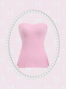 Sweetra Women's Solid Color Camisole Slit Minimalist Knit Top, Casual Holiday - Pink - View 1