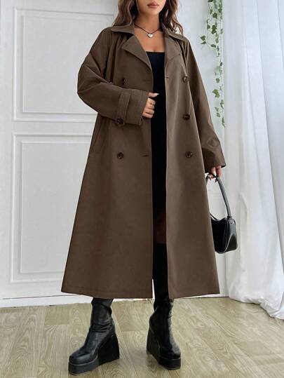 SHEIN EZwear 女士时尚双排扣系带长款风衣，秋季