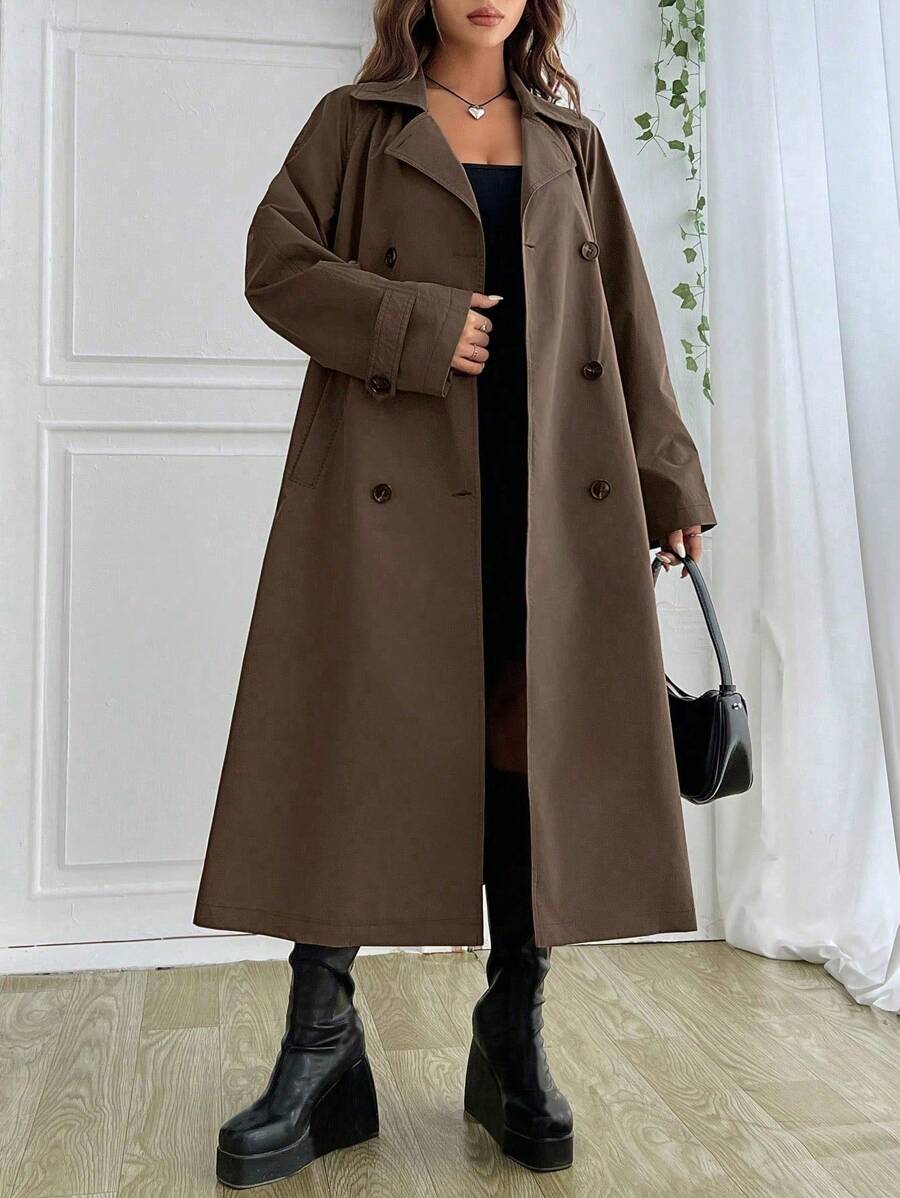 SHEIN EZwear 女士时尚双排扣系带长款风衣，秋季 - 摩卡棕 - 查看 1