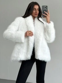 Aloruh New White Windbreaker Warm Long Sleeve Versatile Commuting & Dating Fluffy Jacketwinter, Elegant, Old Moneybusiness Casual, White, Furry, Faux Fur, Long Sleeve - White - View 6