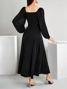 Modelyn Women's Notched Neck Long Sleeve Elegant Charming Arabian Modest Dress Long Evening Dresses - Black - View 2
