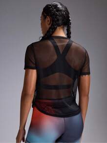 Powerista 1 pieza Camiseta deportiva de mujer de cuello redondo, manga corta, unicolor, de malla para gimnasio