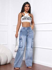 SHEIN SXY Jeans anchos de pierna ancha con bolsillo cargo de ajuste suelto y relajado para mujer